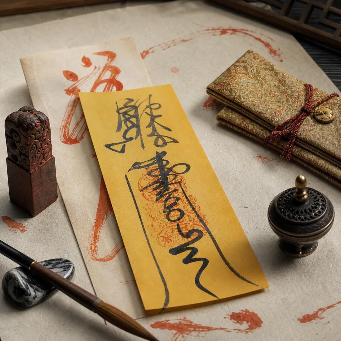 Fu talisman paper, cinnabar seal, brush, and pouch