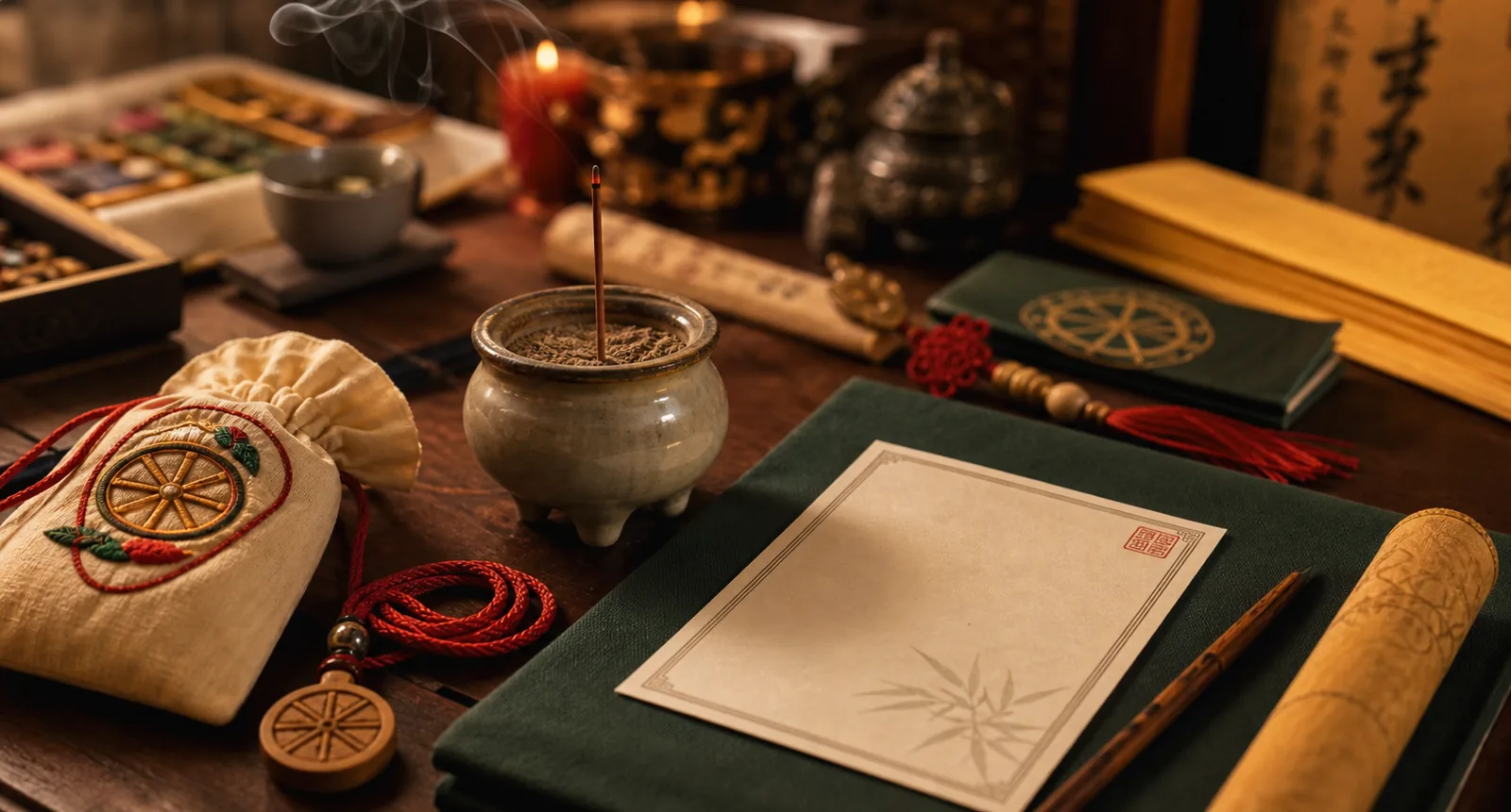 A quiet Taoist ritual preparation table with incense, pouches, red cord, and paper